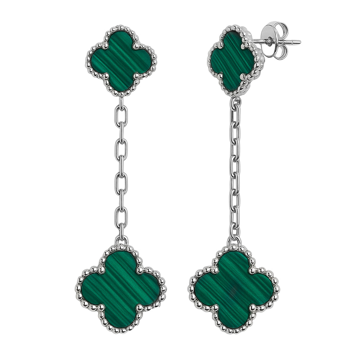 Arete Dos Flores Largo Inspirado Van C con Piedras Naturales Plata .925 con Baño de Rodio