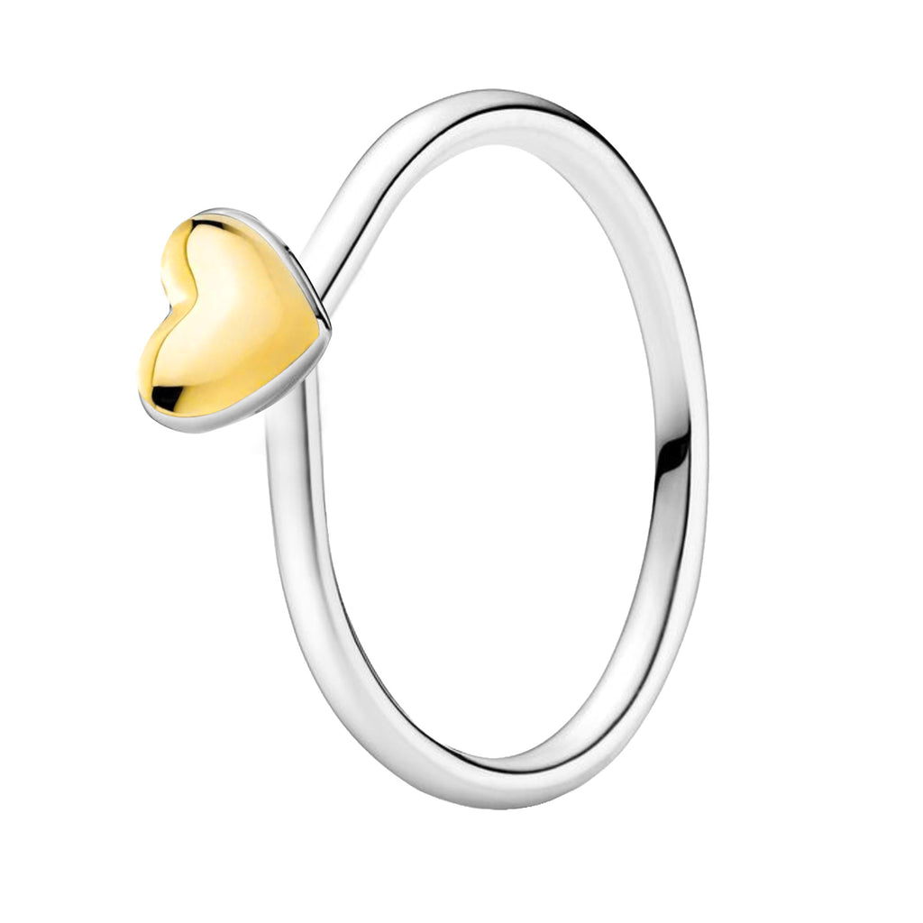 Anillo Inspirado Pan 1.1 Banda Delgada con Corazón Dorado con Baño de Oro al Centro, Plata .925