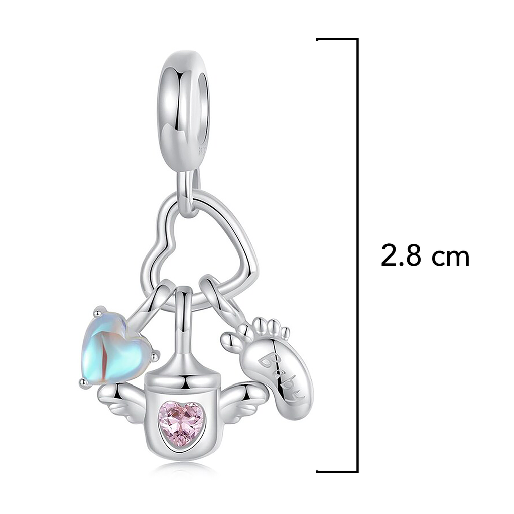 Charm Inspirado Pan 1:1 Corazón con Dijes Piedra Luna, Pies Biberon con Circonia Plata .925