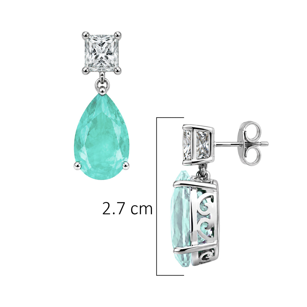 Arete Turmalina Verde Claro en Gota y Circonia Rectangular, Medida 2.7 cm, Plata .925 con Baño de Rodio