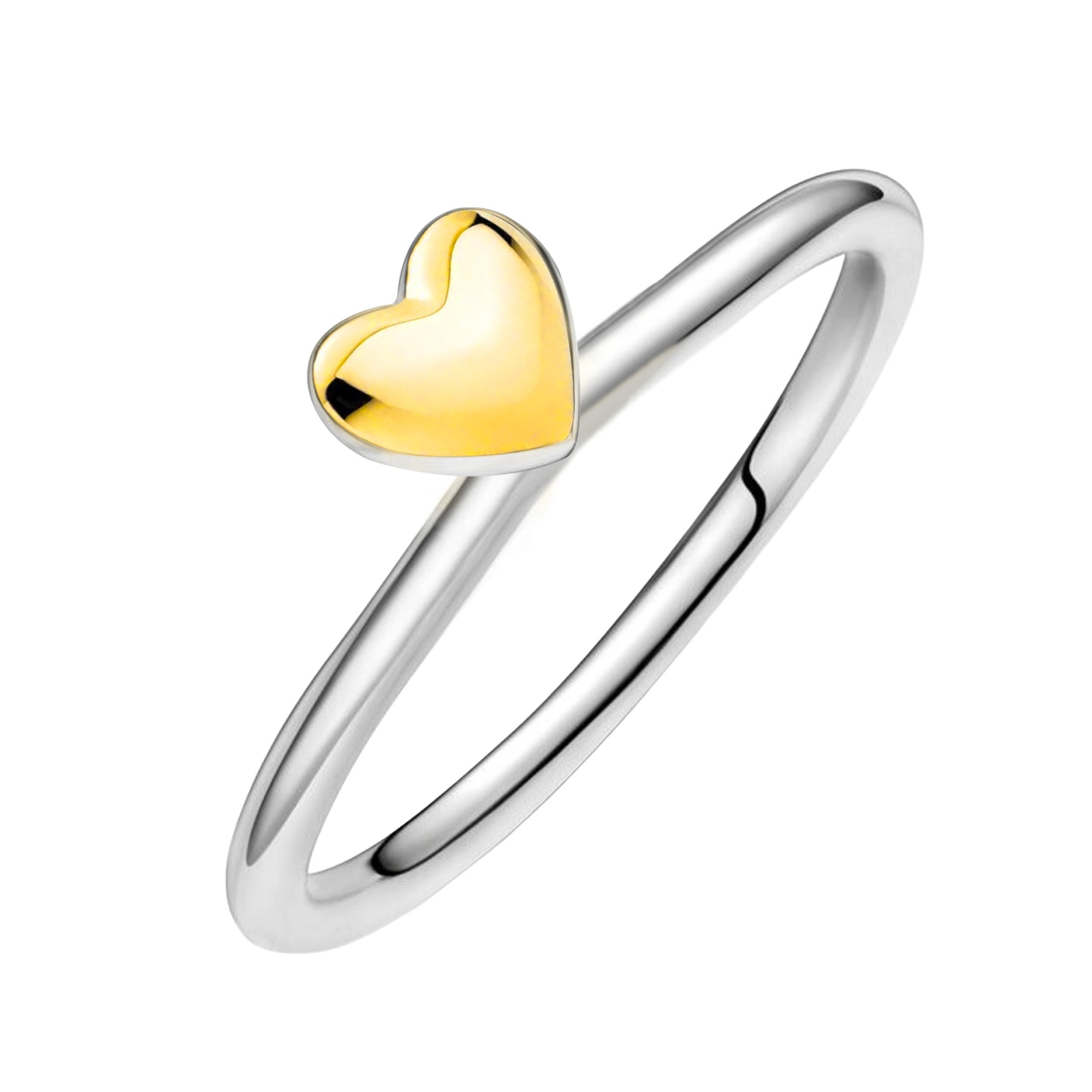 Anillo Inspirado Pan 1.1 Banda Delgada con Corazón Dorado con Baño de Oro al Centro, Plata .925