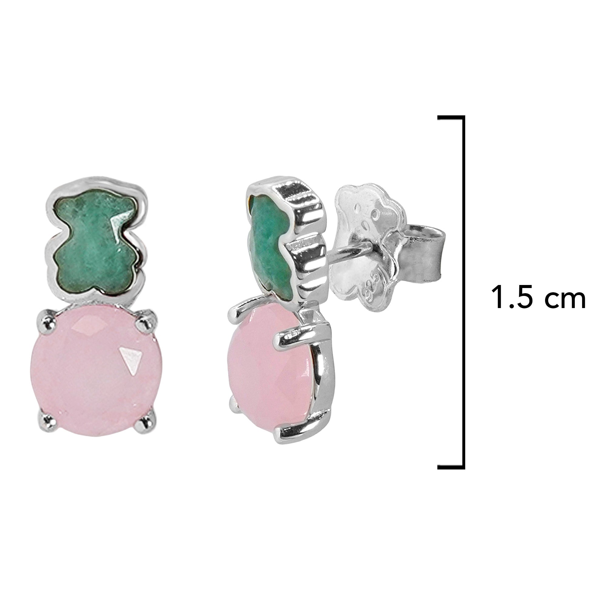 Broquel Inspirado Osos 1-1 Doble Piedra Amazonita y Piedra Cuarzo Rosa Plata .925 con Baño de Rodio