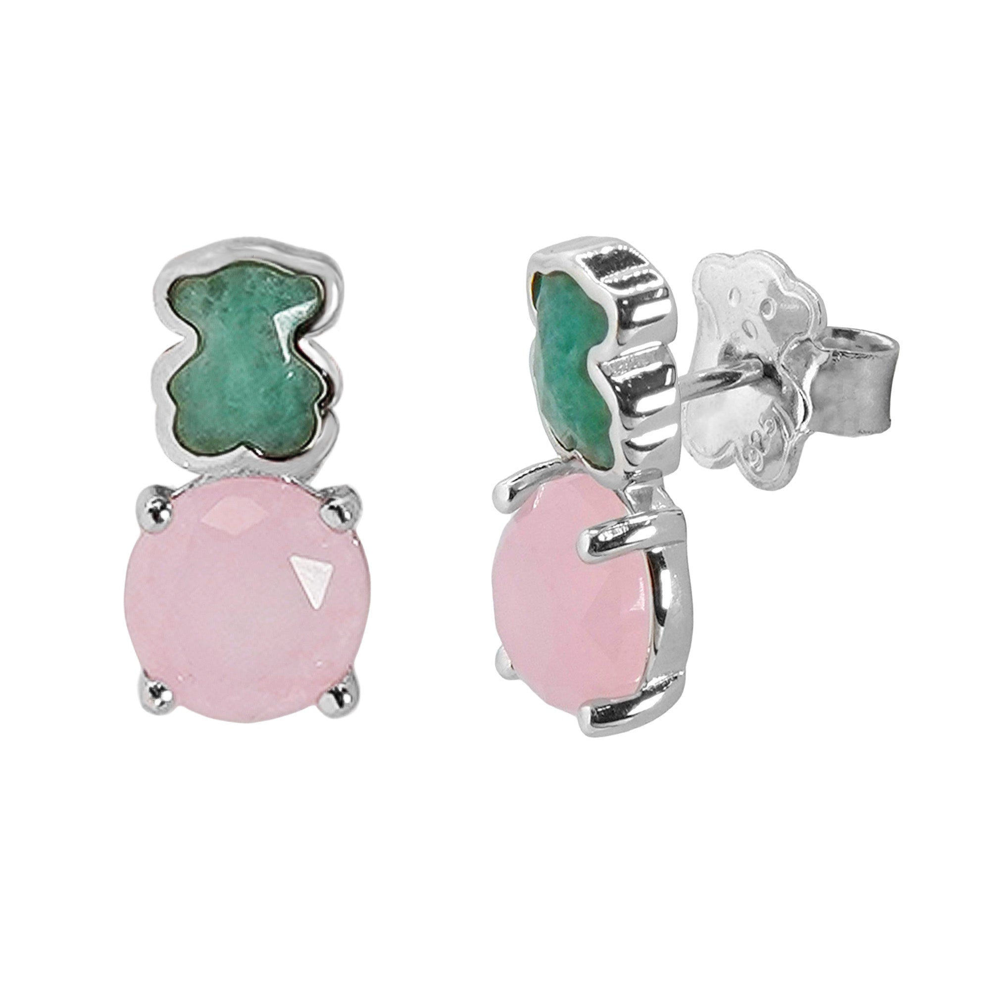 Broquel Inspirado Osos 1-1 Doble Piedra Amazonita y Piedra Cuarzo Rosa Plata .925 con Baño de Rodio