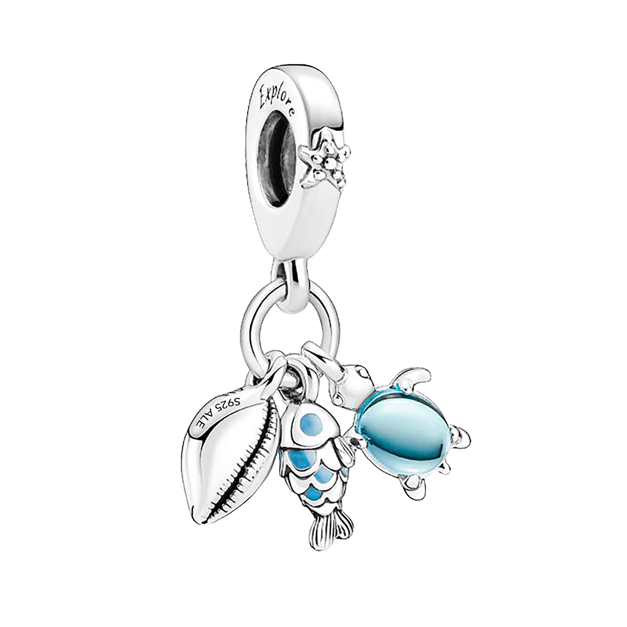 Charm Inspirado Pan 1:1 Triple Oceano: Tortuga, Pez y Concha, Plata .925