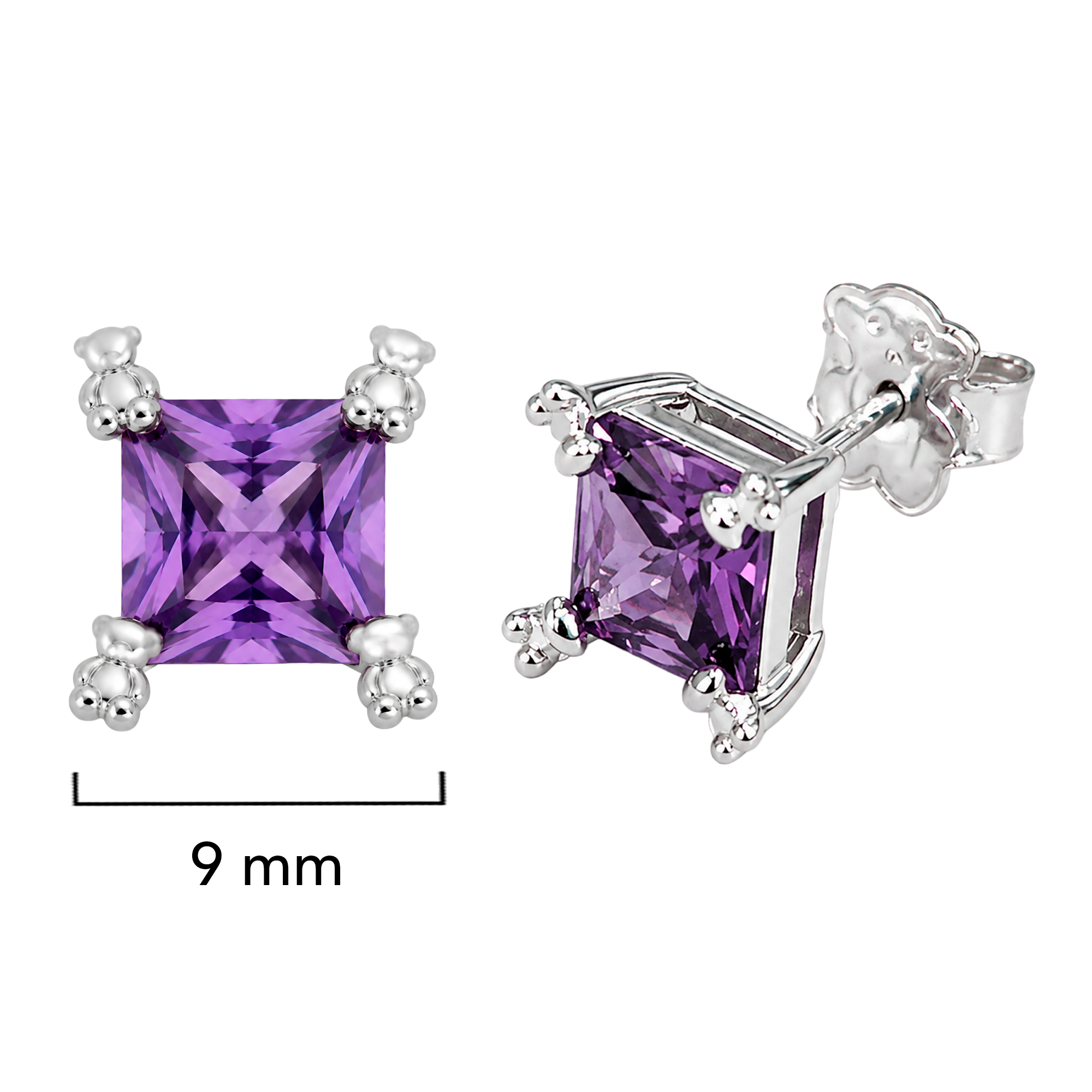 Broquel Inspirado Osos 1:1 Circonia Cuadrada Morada con Osos Chicos Plata .925 con Baño de Rodio