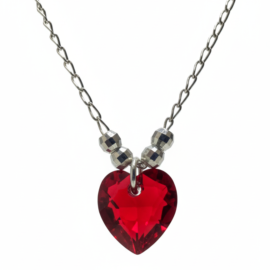 Collar Corazón Swarovski Rojo con Bolita Diamantada Plata .925