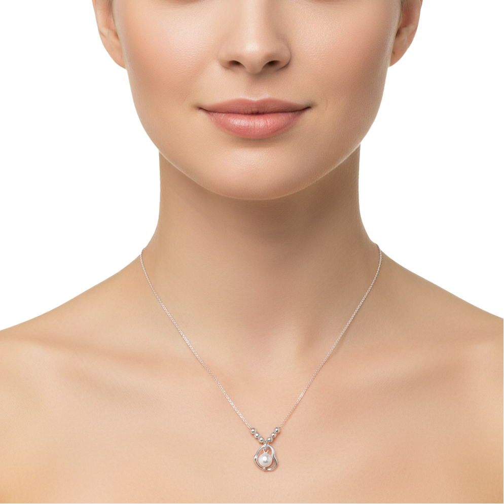 Collar Corazon con Perla Natural y Bolitas Diamantadas Plata .925