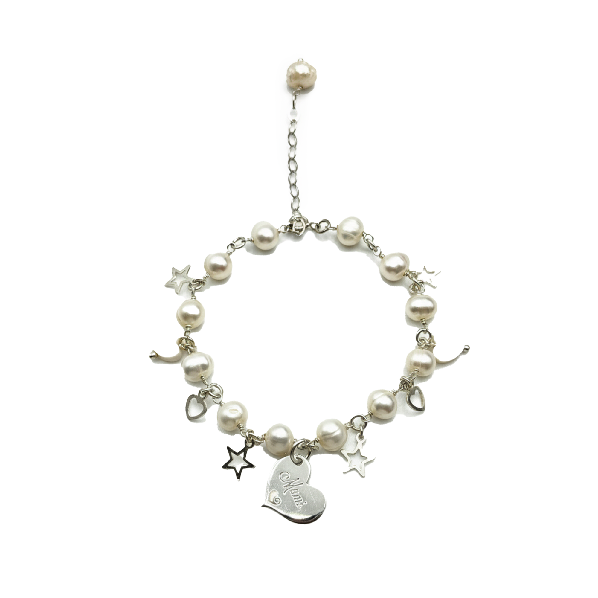 Pulsera Perla Natural con Dijes Lisos con Corazón Grabado y Cadena Eslabones Plata .925