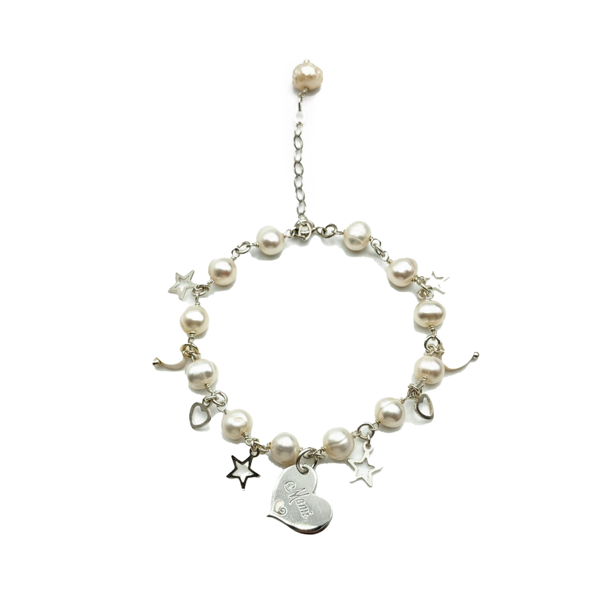 Pulsera Perla Natural con Dijes Lisos con Corazón Grabado y Cadena Eslabones Plata .925