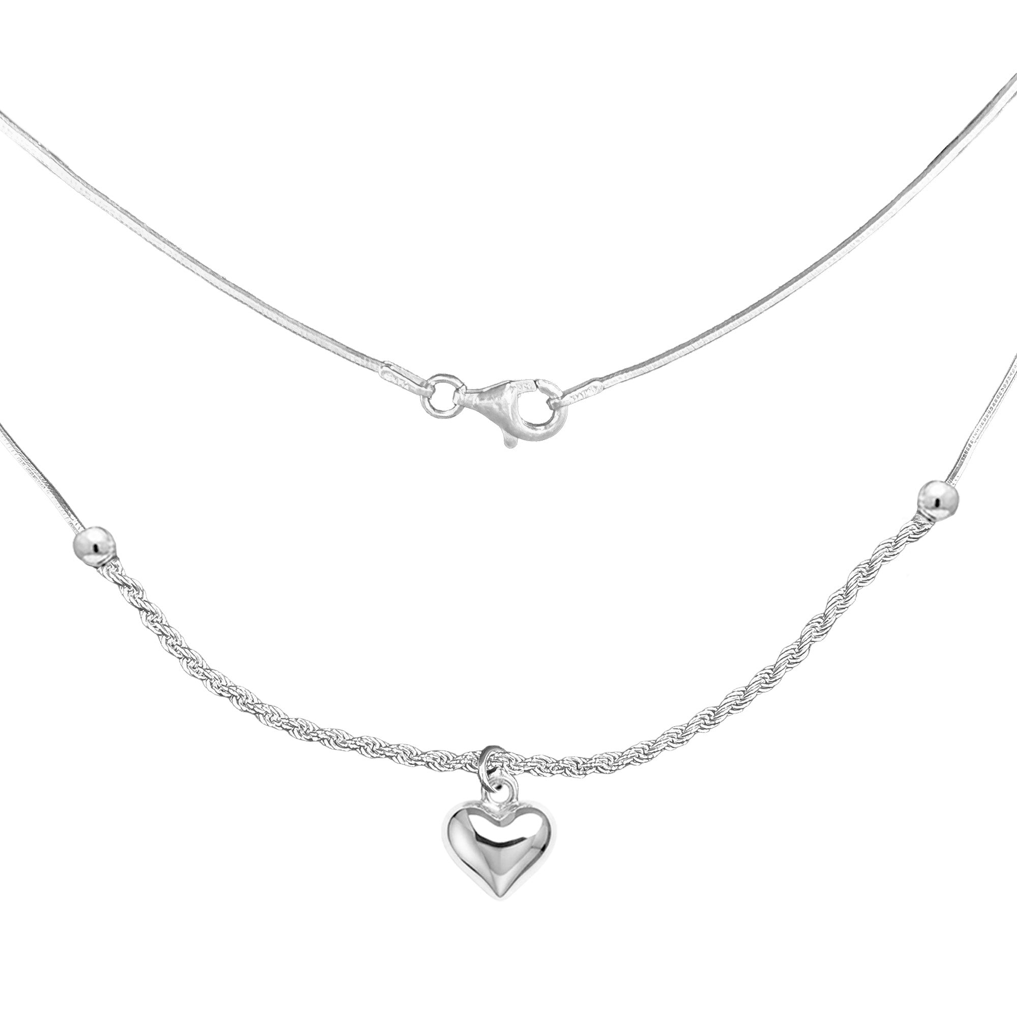 Collar Corazon Bombeado con Cadena Torzal y Cola de Rata Plata .925
