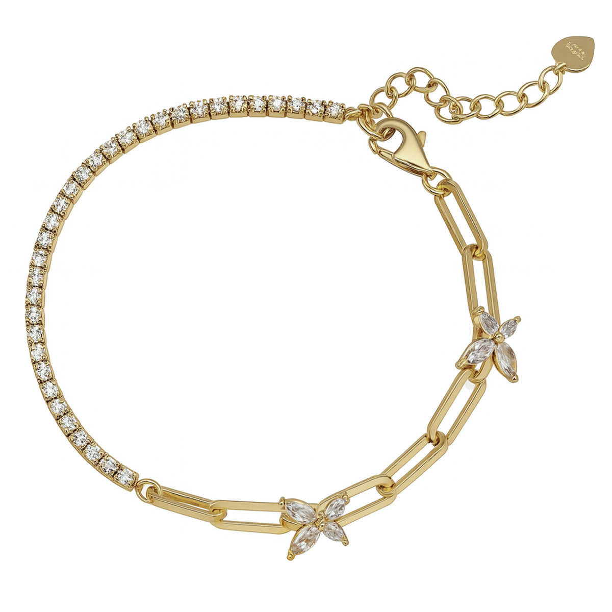 Pulsera con Circonias y Cadena Paper Clip con Mariposa de Circonias Plata .925 con Baño de Oro