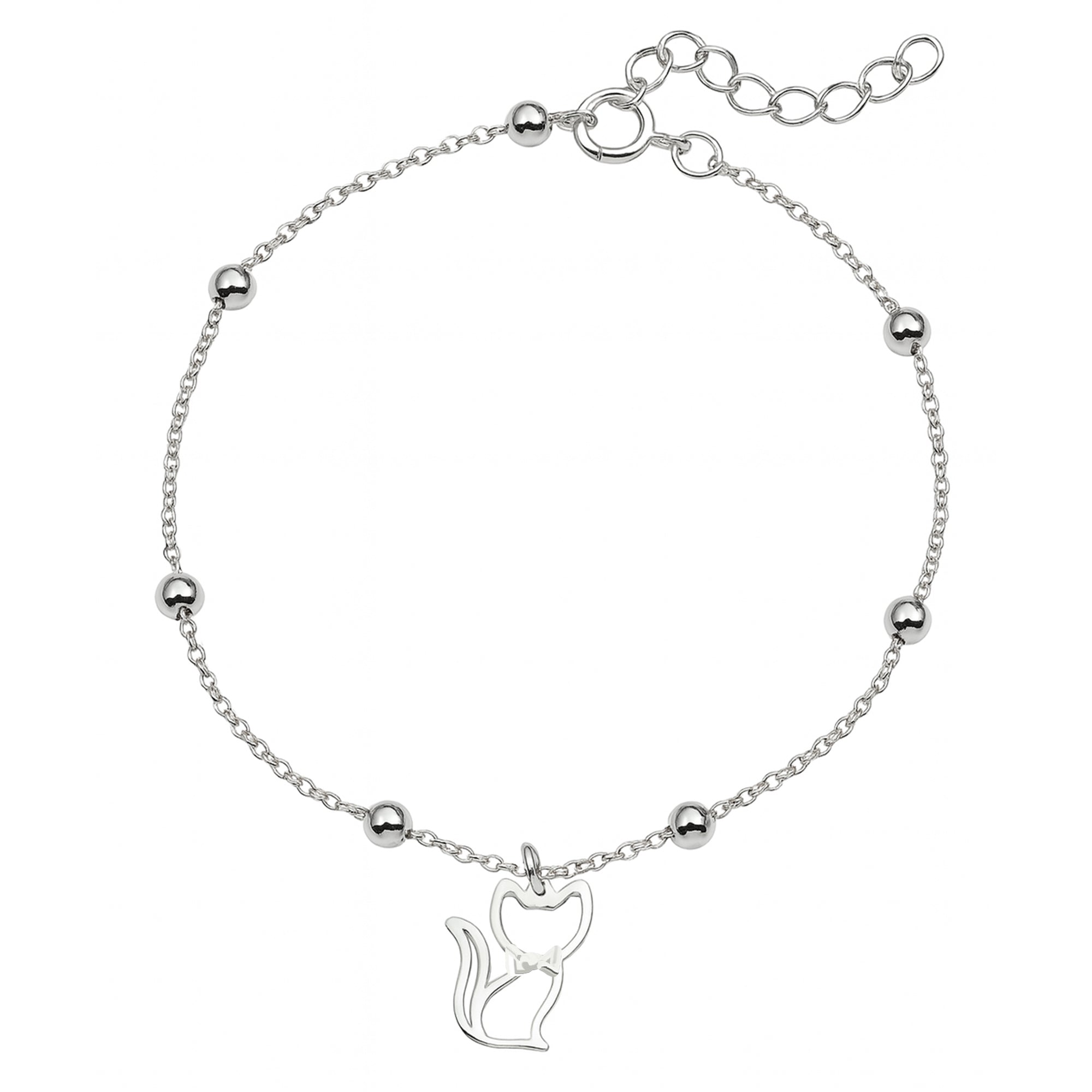Pulsera con Dije Silueta de Gato y Bolitas Lisas Plata .925