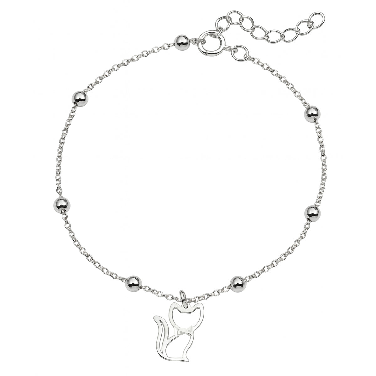 Pulsera con Dije Silueta de Gato y Bolitas Lisas Plata .925
