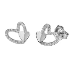 Broquel Doble Corazón con Micro Circonias Plata .925 con Rodio