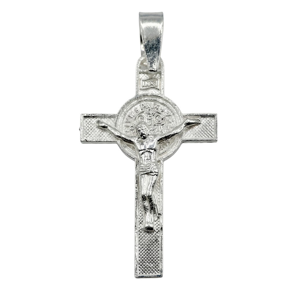 Dije Crucifijo con San Benito Atrás Plata .925