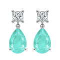 Arete Turmalina Verde Claro en Gota y Circonia Rectangular, Medida 2.7 cm, Plata .925 con Baño de Rodio