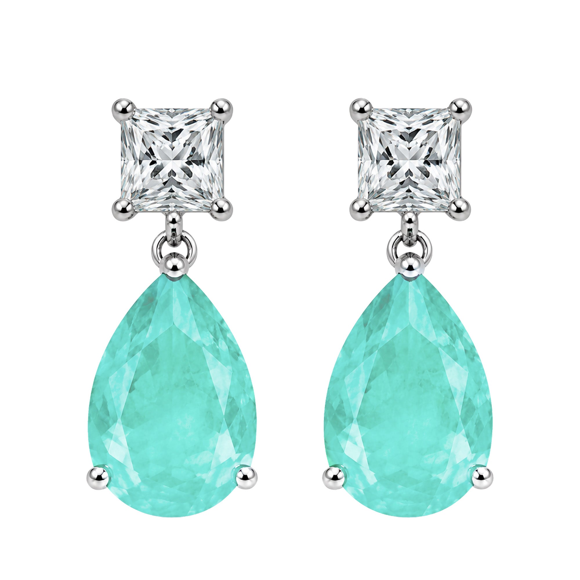 Arete Turmalina Verde Claro en Gota y Circonia Rectangular, Medida 2.7 cm, Plata .925 con Baño de Rodio