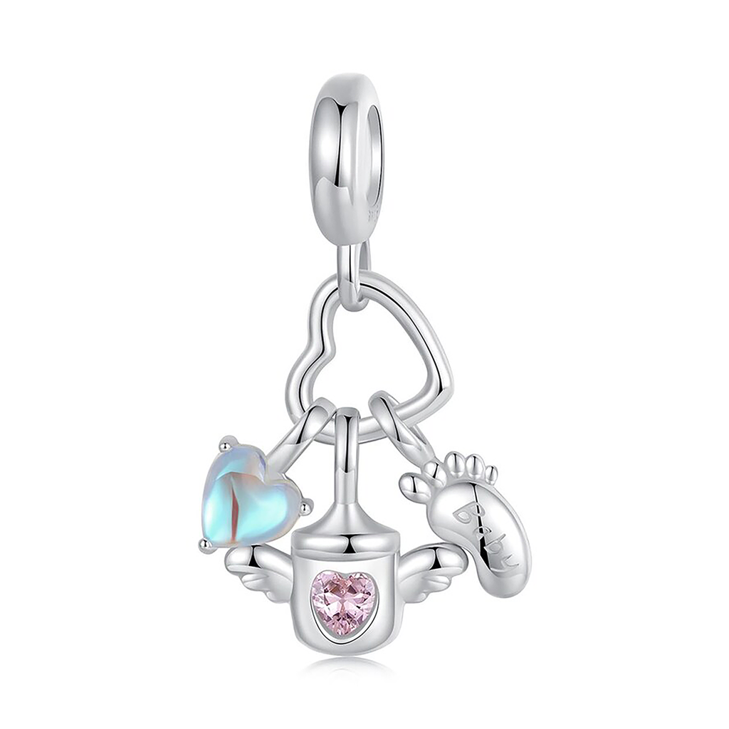 Charm Inspirado Pan 1:1 Corazón con Dijes Piedra Luna, Pies Biberon con Circonia Plata .925