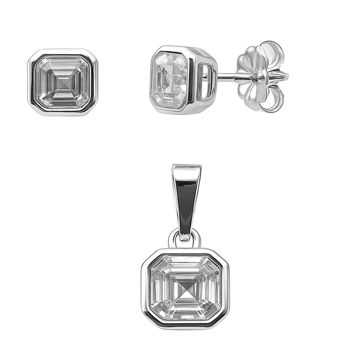 Juego Circonia Cuadrada y Bandola Plata .925 con Rodio