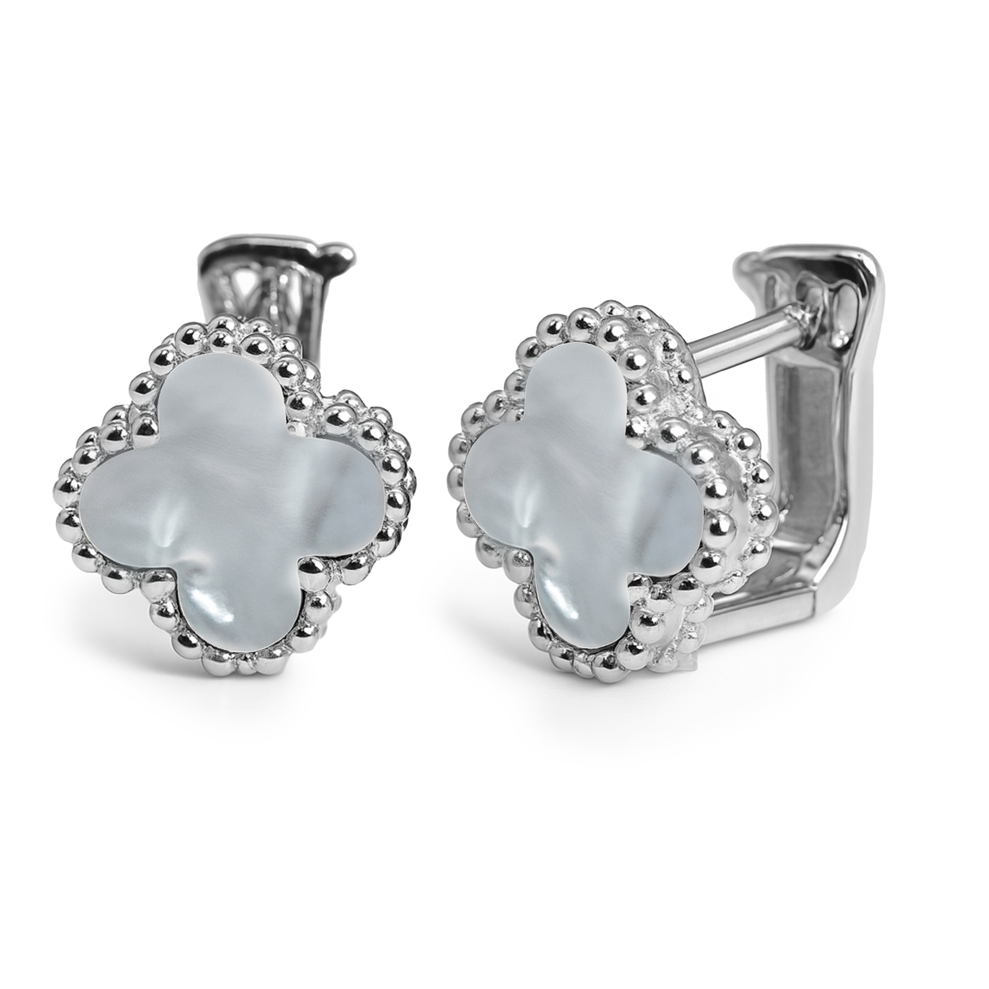 Arete Huggies Flor Inspirado Van C con Piedras Naturales Plata .925 con Baño de Rodio