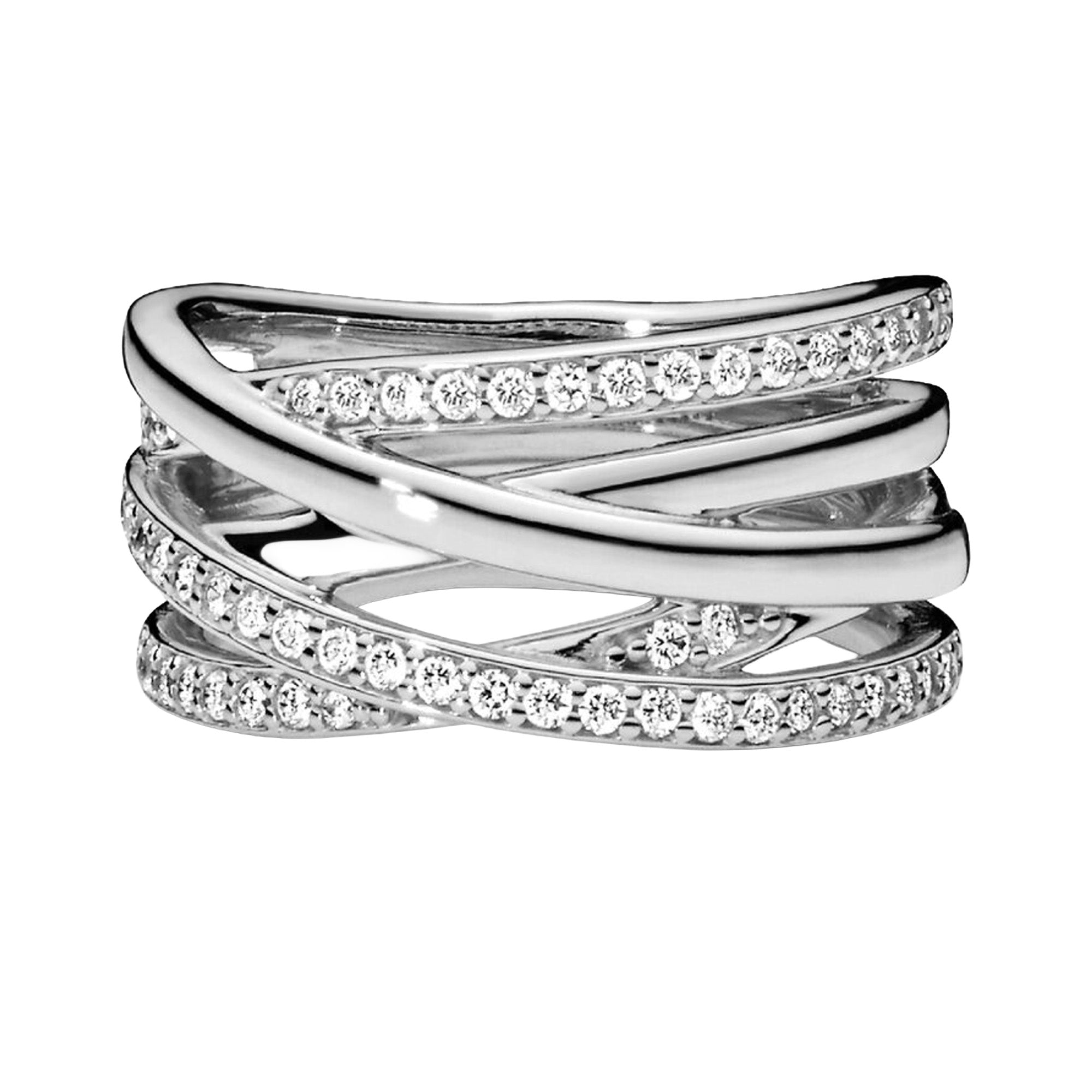 Anillo Inspirado Pan 1.1 Ancho con Multi Líneas Lisas y Circonias Plata .925