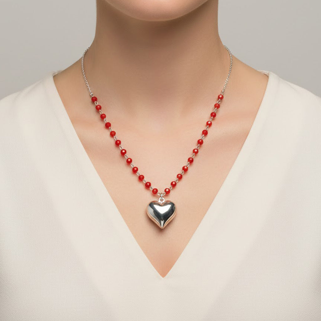 Collar Corazon Bombeado con Cristales Rojos Plata .925
