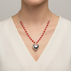 Collar Corazon Bombeado con Cristales Rojos Plata .925