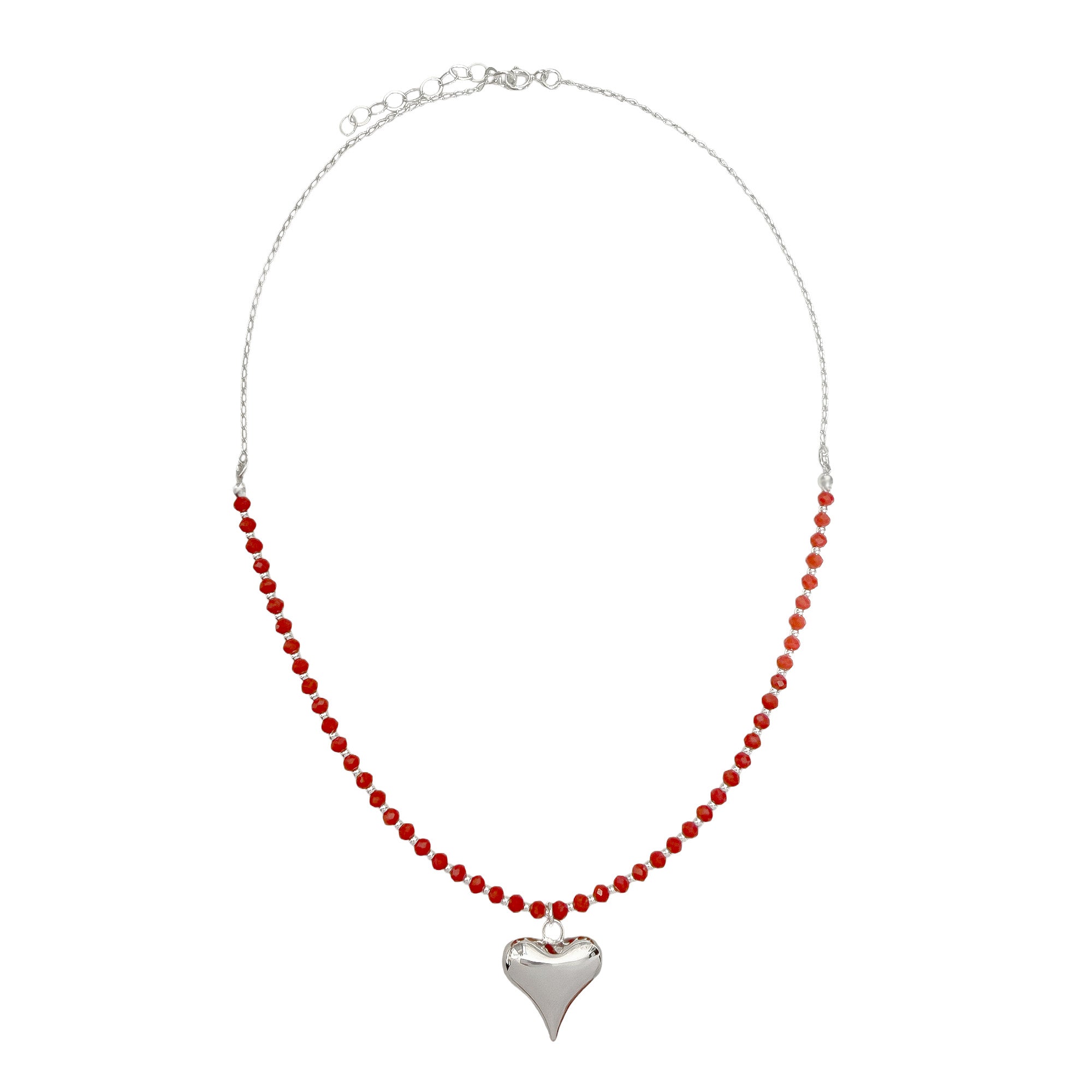 Collar Corazon Bombeado con Cristales Rojos Plata .925