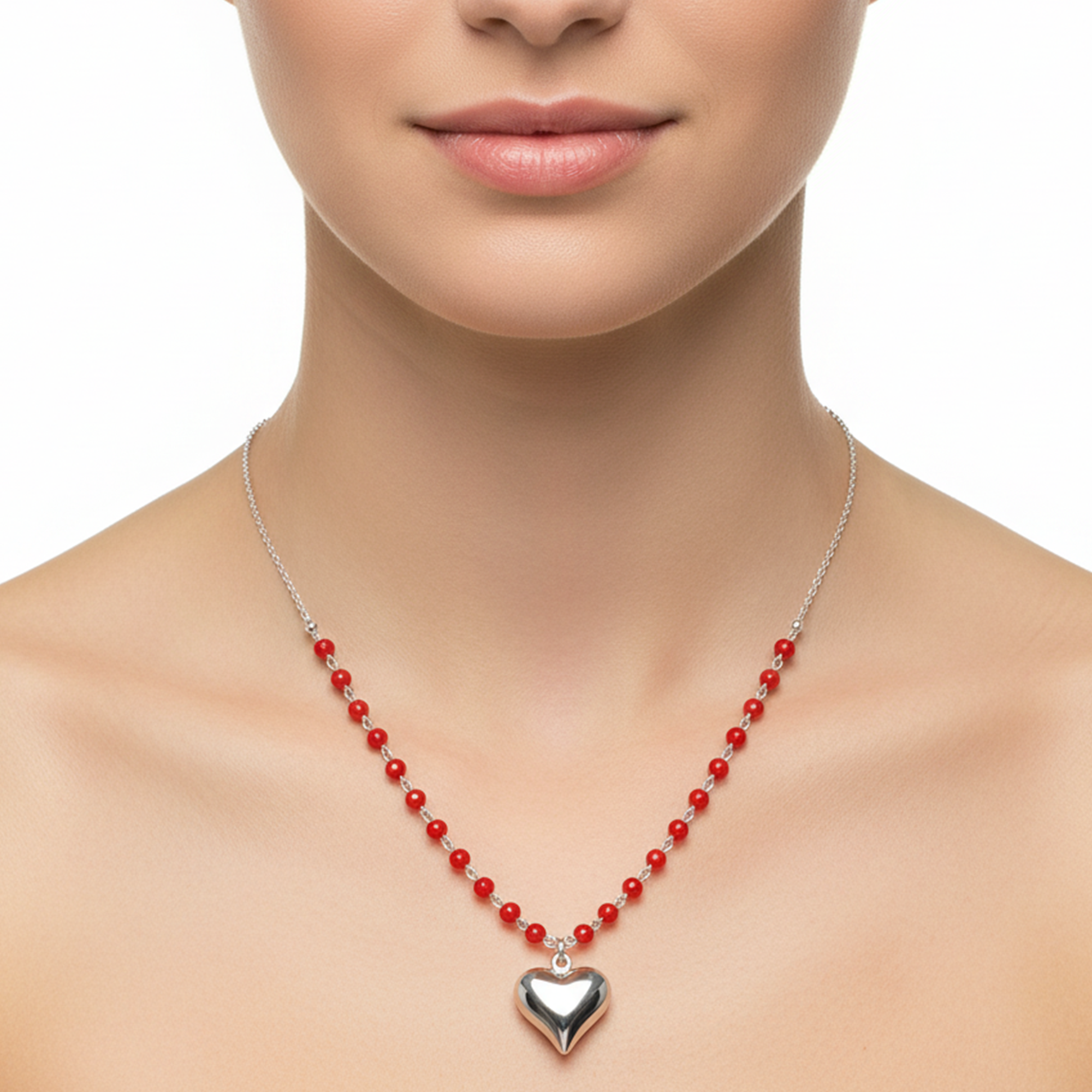Collar Corazon Bombeado con Cristales Rojos Plata .925