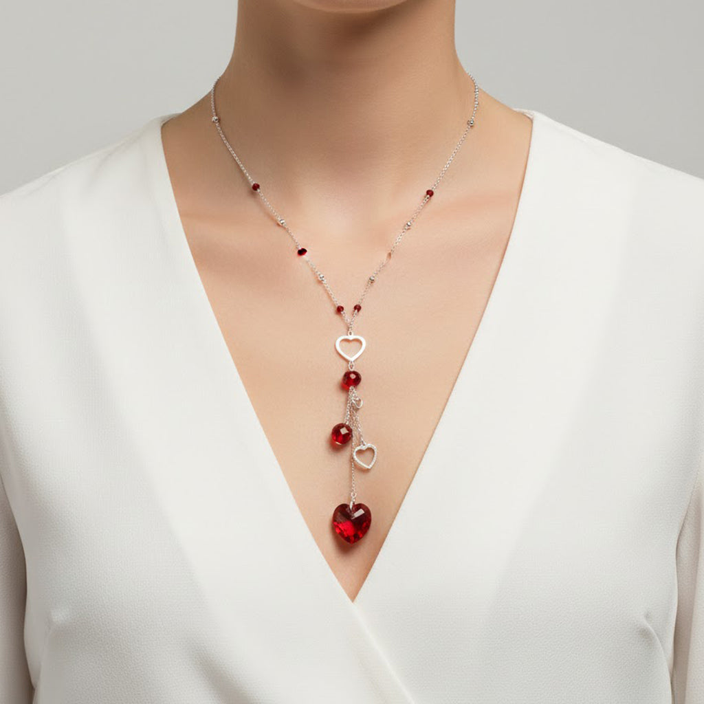 Collar Corbatero Corazón con Swarovski Rojo Plata .925