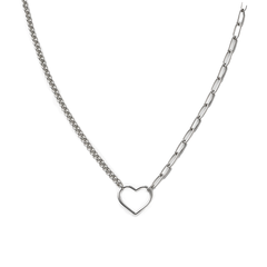 Collar Silueta Corazon con Cadena Paper Clip y Doble Cadena Cubana Plata .925