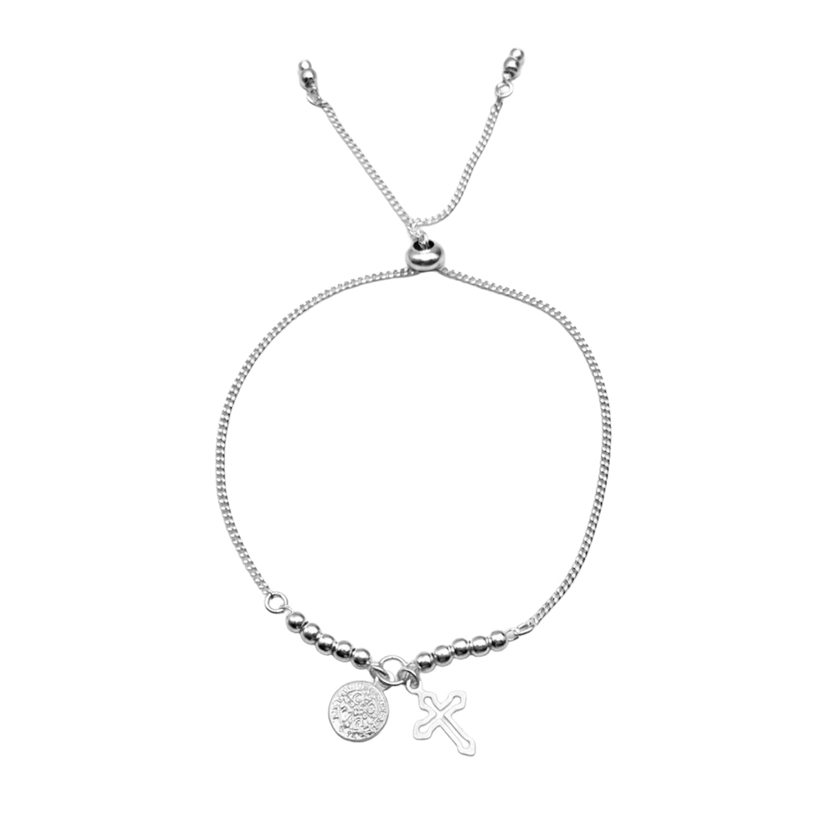Pulsera Ajustable con Dije de San Benito con Silueta de Cruz Plata .925