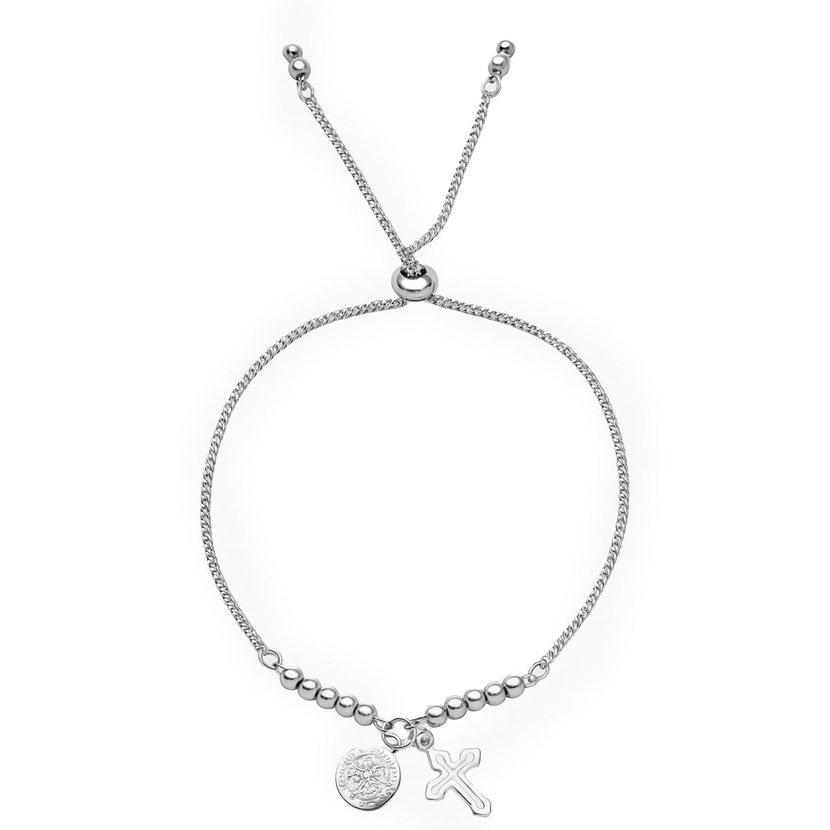 Pulsera Ajustable con Dije de San Benito con Silueta de Cruz Plata .925