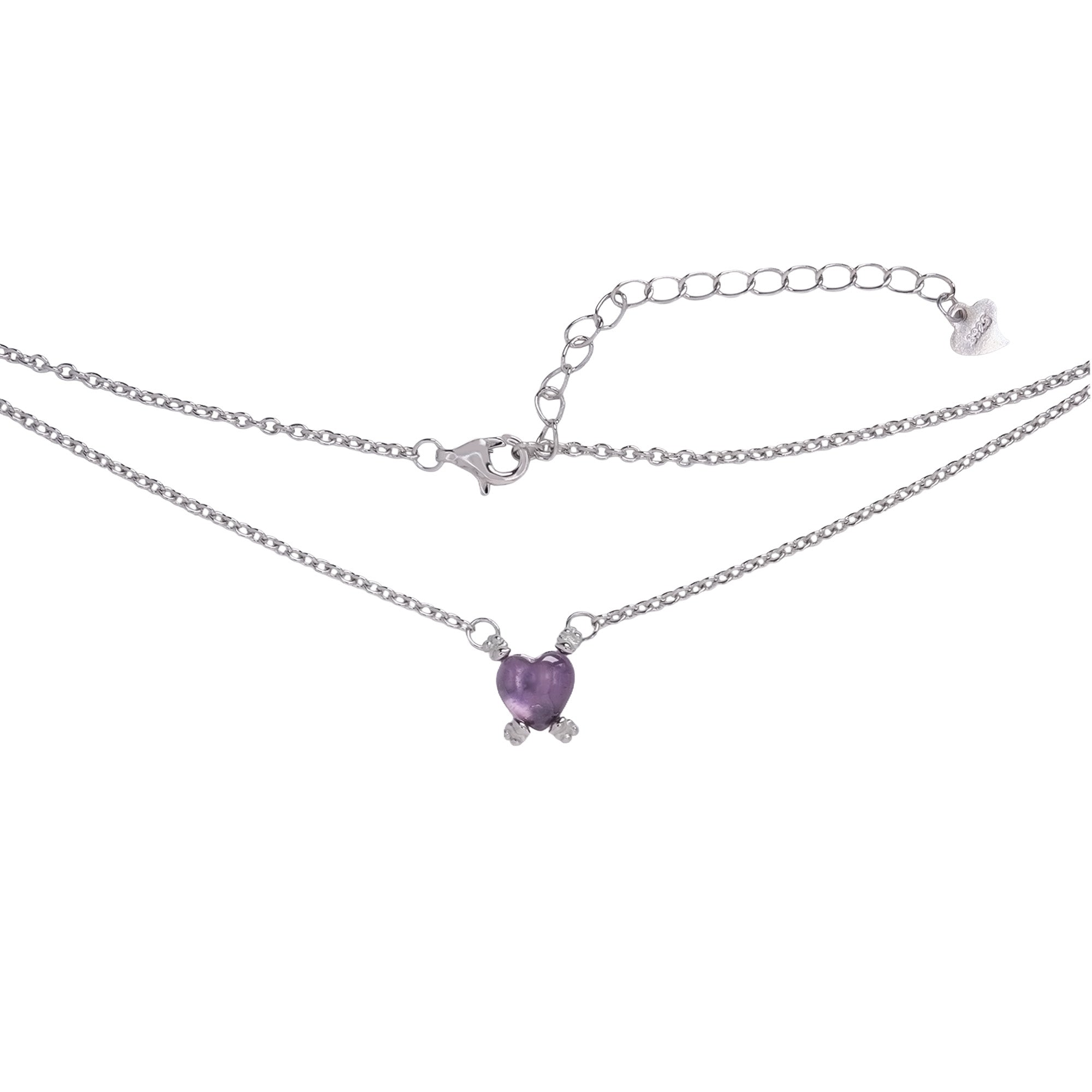 Collar Osos 1:1 Corazón Cuarzo Morado Plata .925 con Baño de Rodio