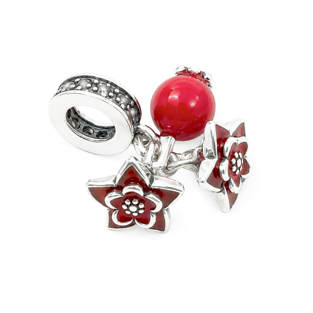 Charm Inspirado Pan 1:1 Flores Rojas y Granada con Circonias, Plata .925