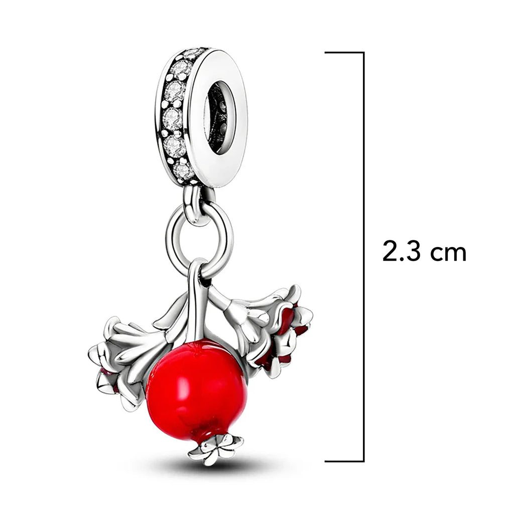 Charm Inspirado Pan 1:1 Flores Rojas y Granada con Circonias, Plata .925