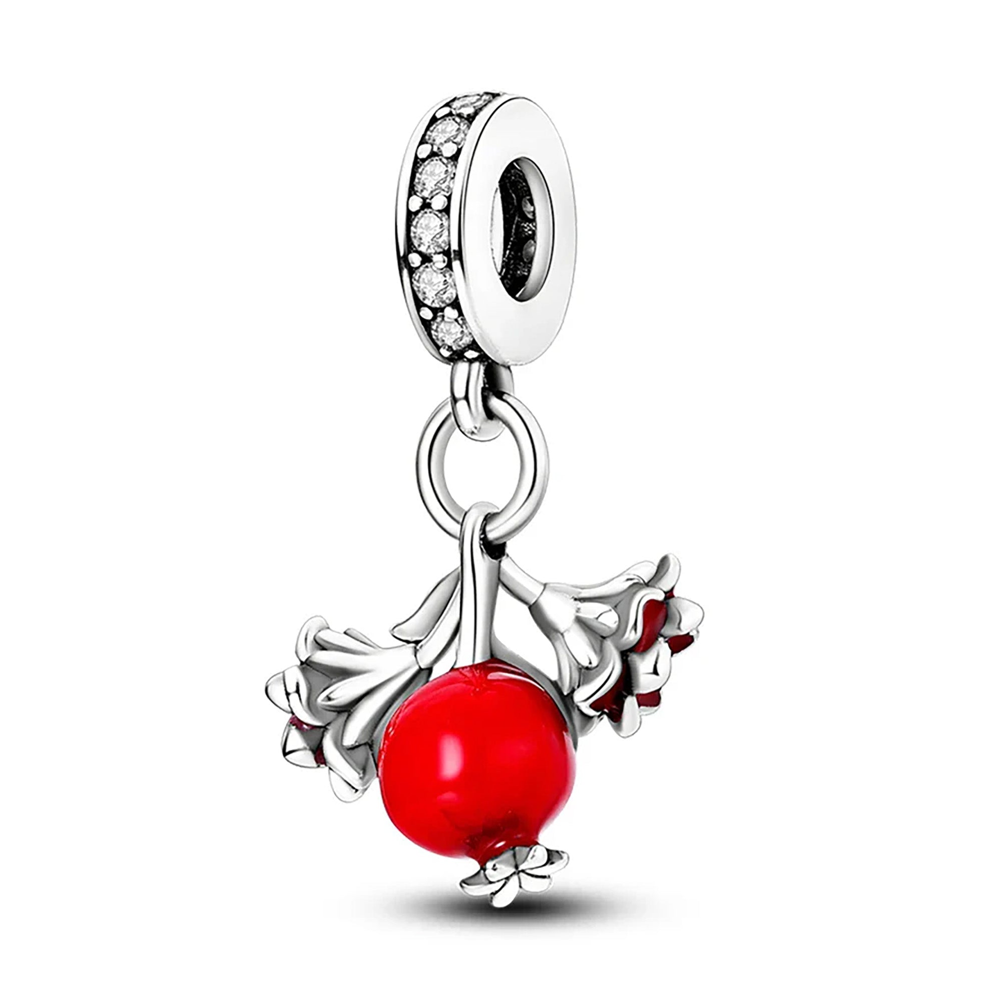 Charm Inspirado Pan 1:1 Flores Rojas y Granada con Circonias, Plata .925