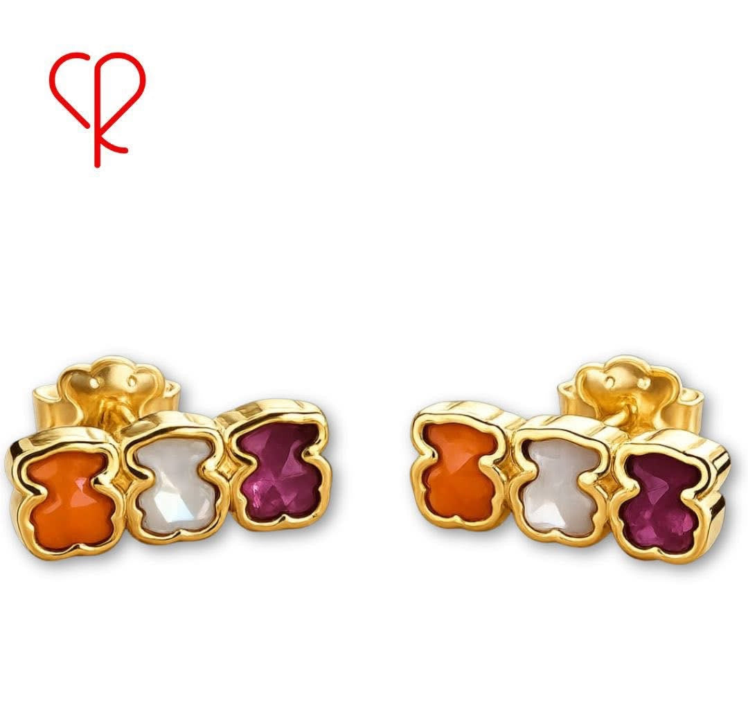 Broquel Inspirado Triple Osos 1.1 con Piedras Naturales, Ágata y Madre Perla Plata .925 con Baño de Oro 18k