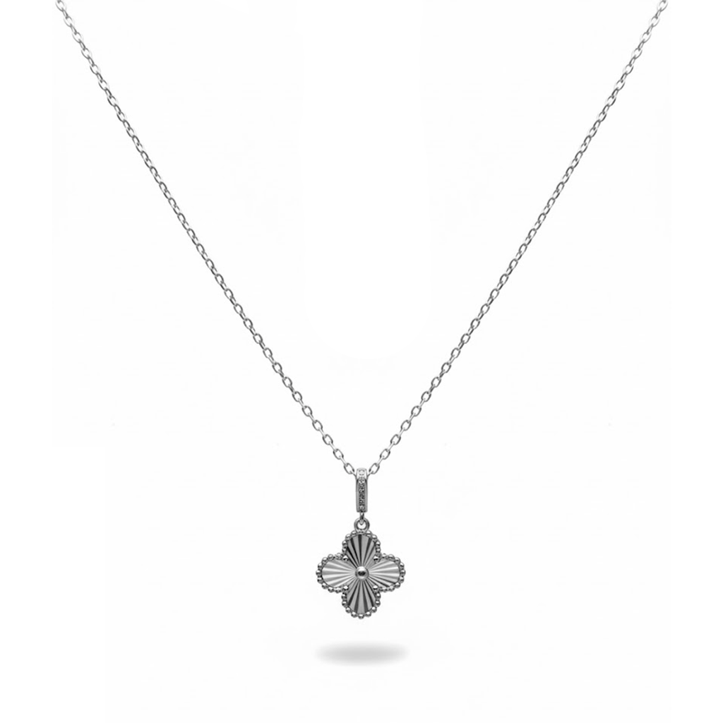Collar Flor Inspirado Van C Flor Diamantada Con Bandola de Micro Circonias Plata .925 con Baño de Rodio