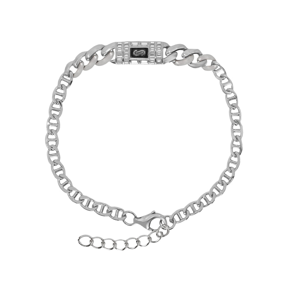 Pulsera Inspirada Mónaco 17cm más Extensión, Circonias Baguette con Cadena Cubana en disminución y Cadena Gucci. Plata 925 con Baño de Rodio