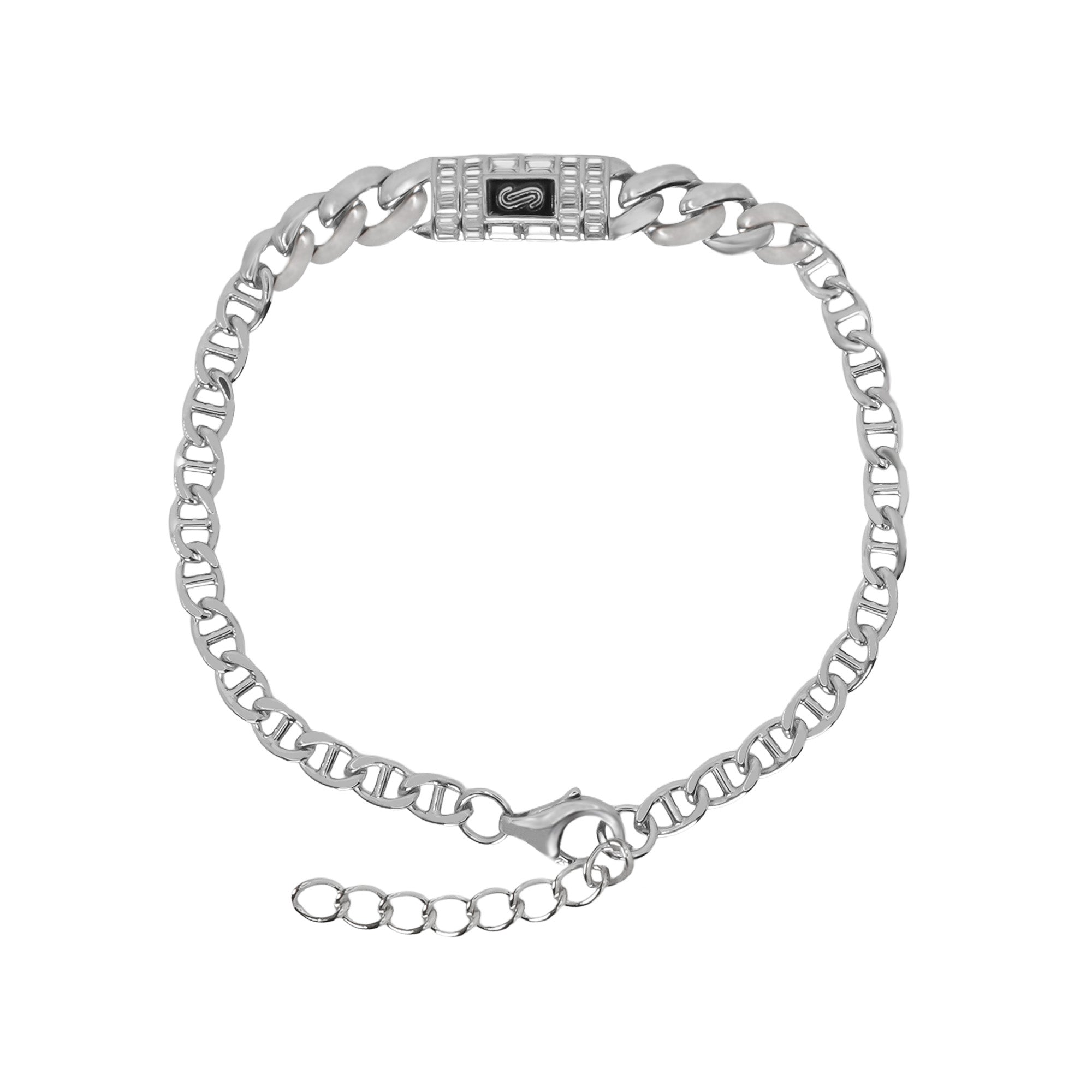 Pulsera Inspirada Mónaco 17cm más Extensión, Circonias Baguette con Cadena Cubana en disminución y Cadena Gucci. Plata 925 con Baño de Rodio
