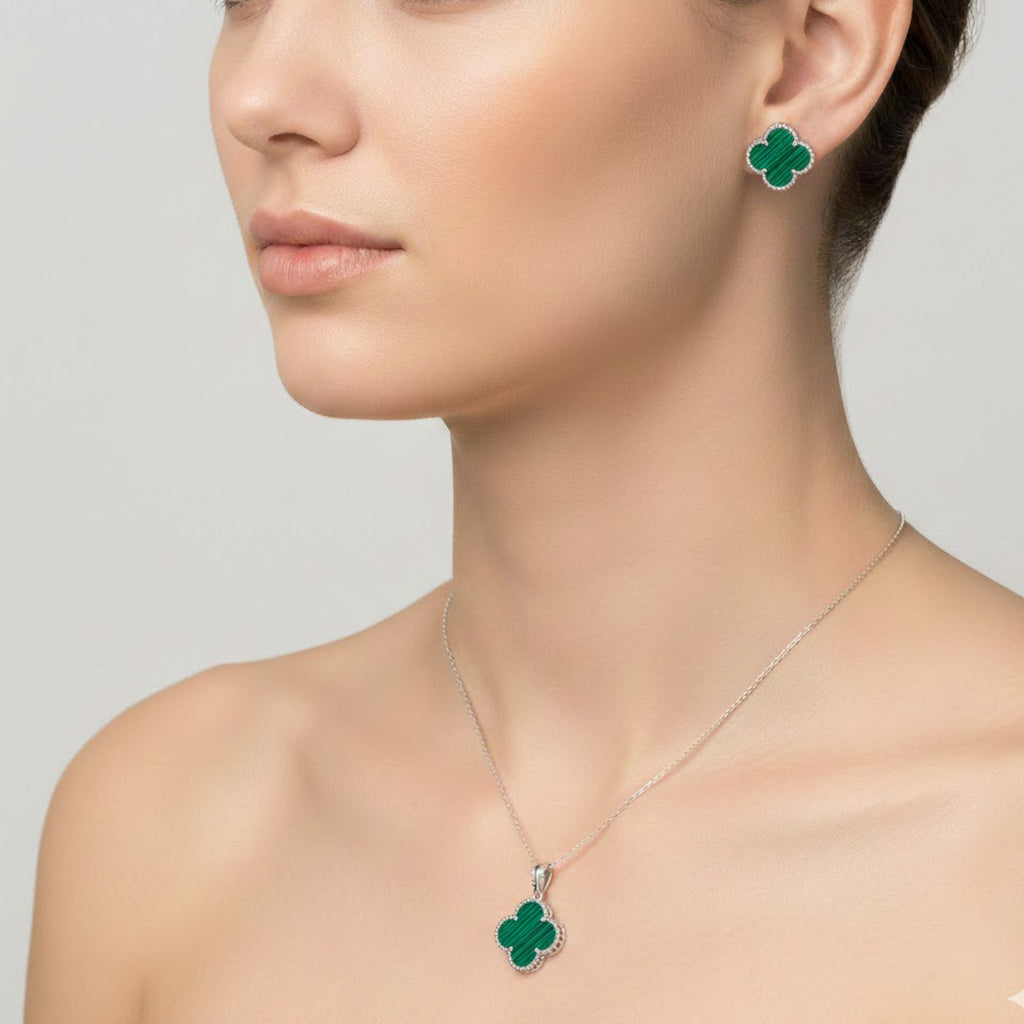 Juego Flor Inspirado Van C Grande Piedras Naturales Plata .925 con Rodio