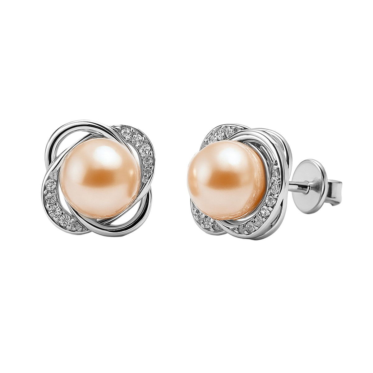 Arete Broquel Flor co Perla Río, Plata .925 con Baño de Rodio