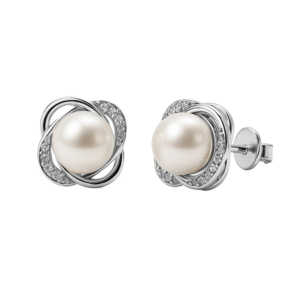 Arete Broquel Flor co Perla Río, Plata .925 con Baño de Rodio