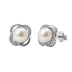 Arete Broquel Flor co Perla Río, Plata .925 con Baño de Rodio