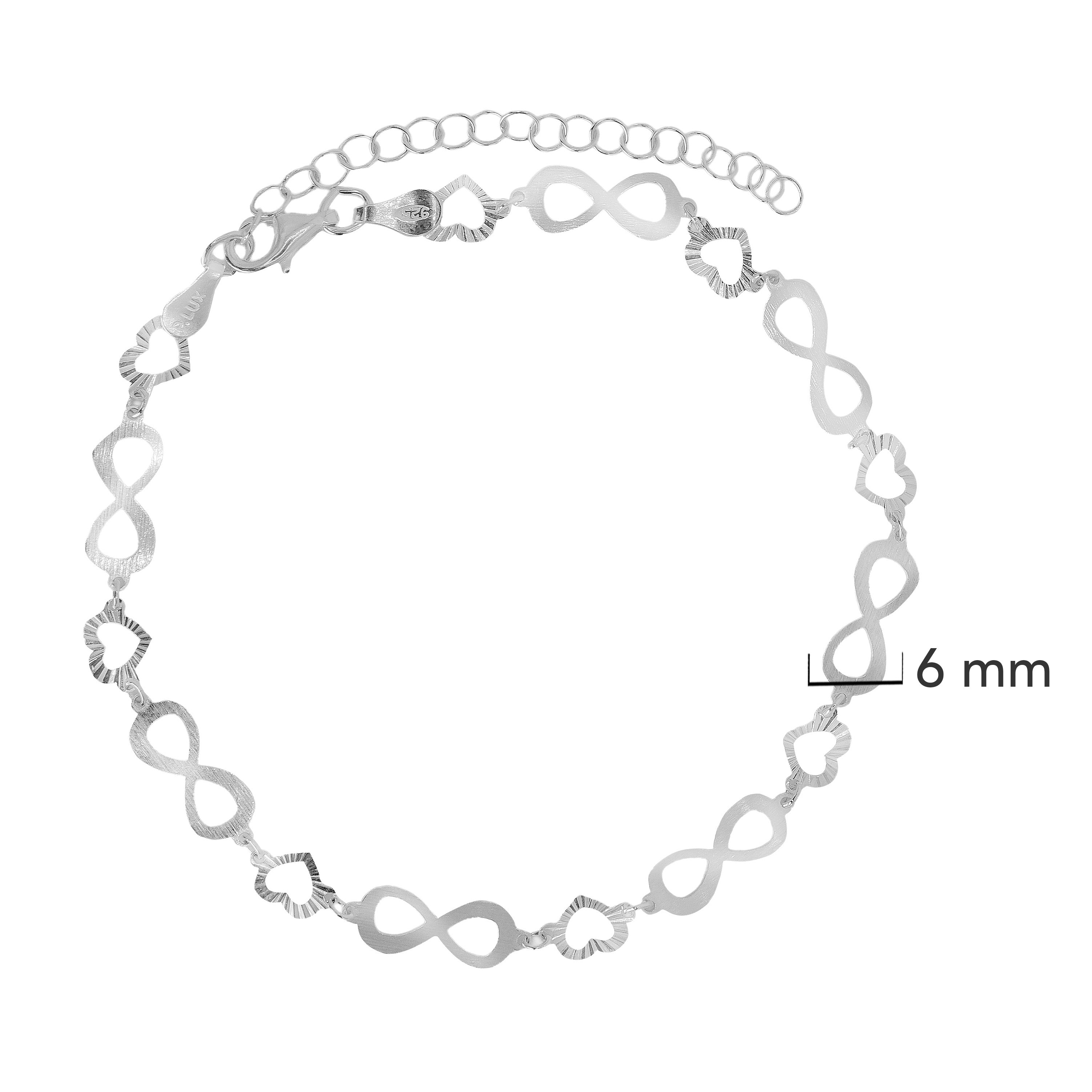 Tobillera Corazones Diamantados en Zigzag con Infinitos Lisos Plata .925