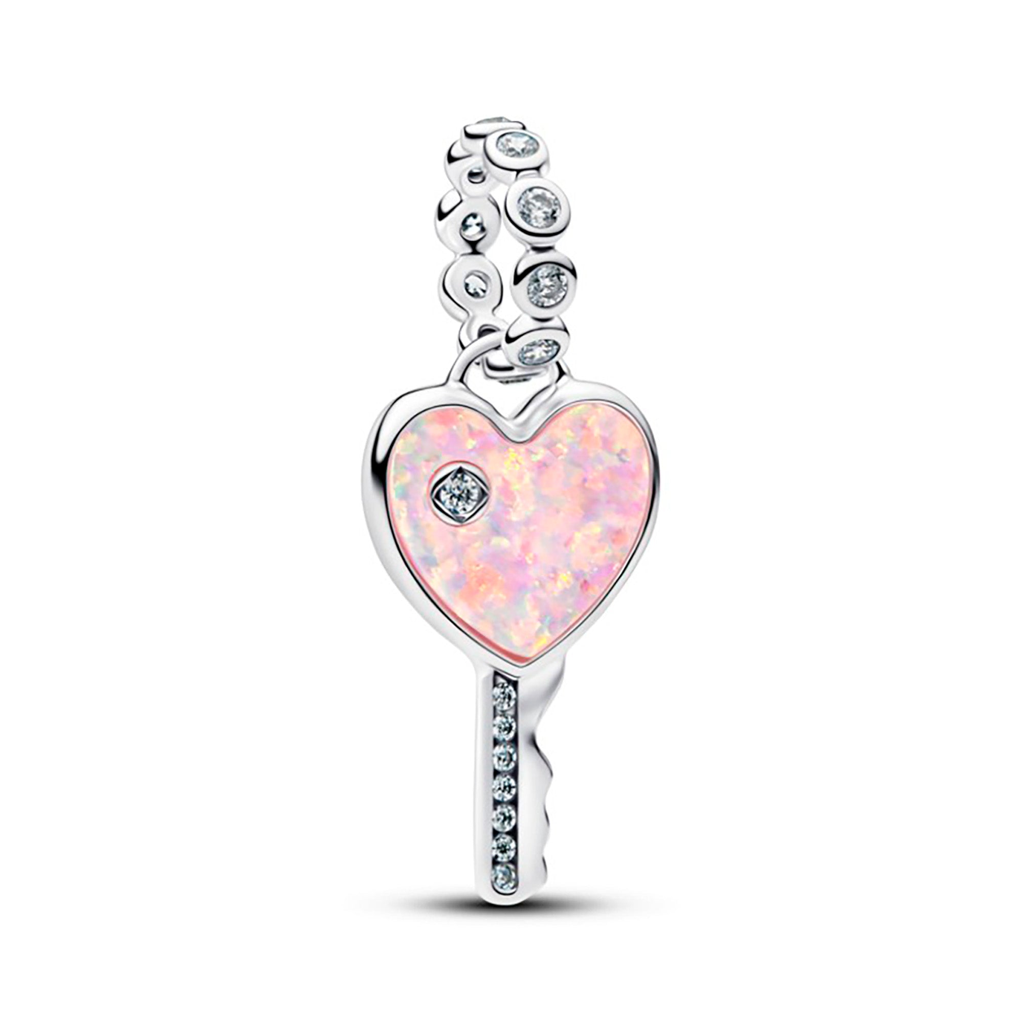 Charm Inspirado Pan 1:1 Llave de Corazón con Opalina Rosa, Plata .925