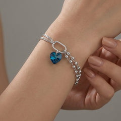 Pulsera Doble Cadena Cubana y Bolitas Lisas con Swarovski Azul Plata .925