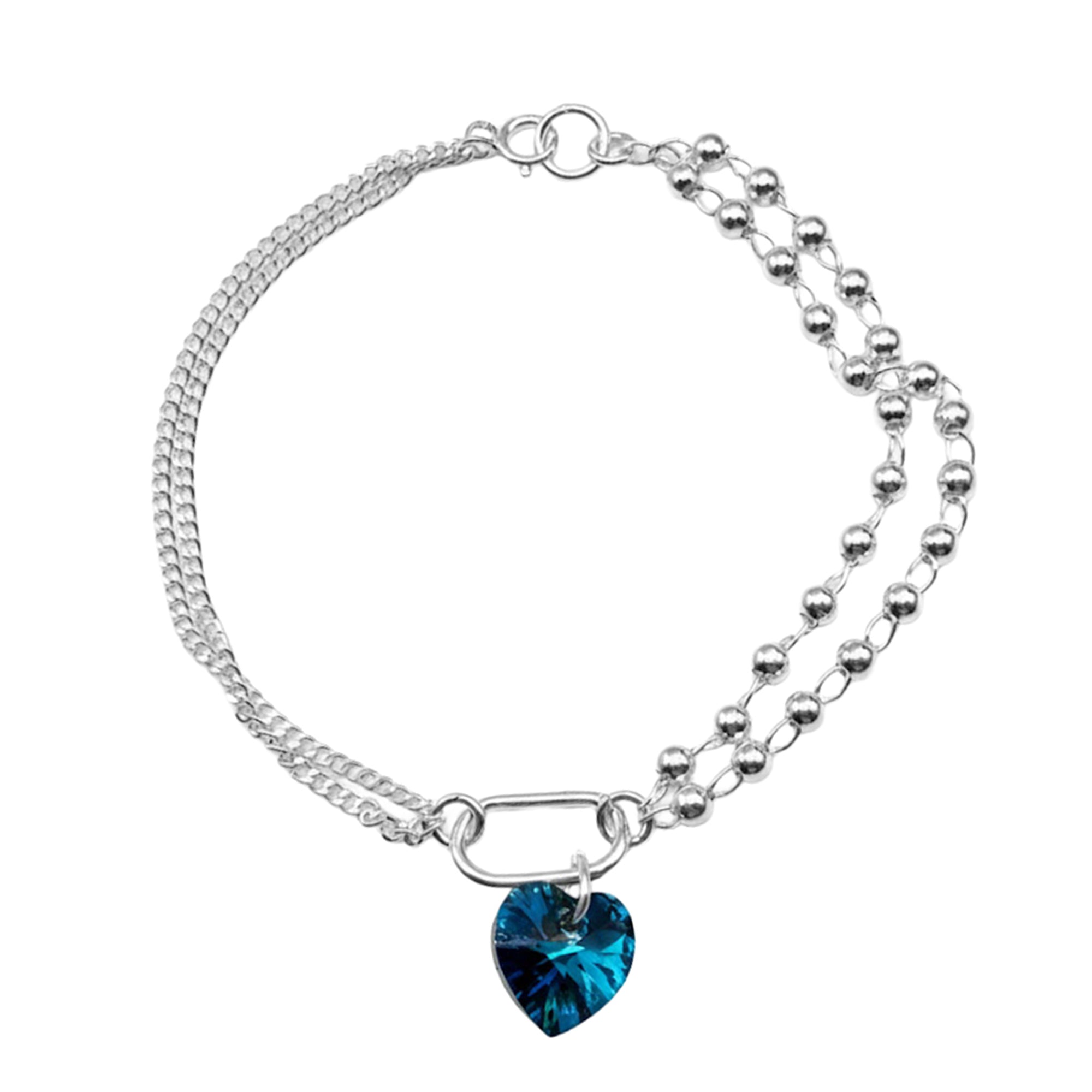 Pulsera Doble Cadena Cubana y Bolitas Lisas con Swarovski Azul Plata .925