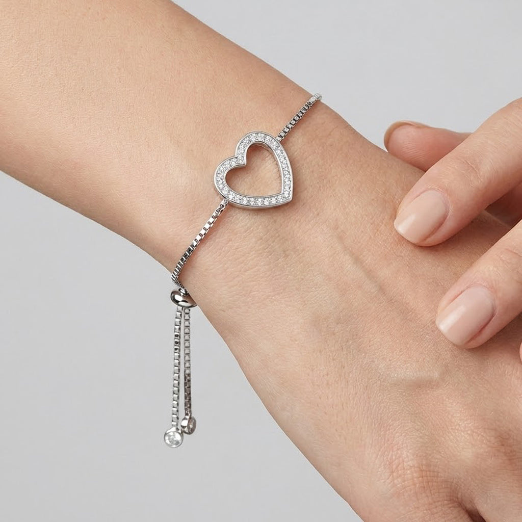 Pulsera con Silueta de Corazón con Micro Circonias y Cadena Cubito Plata .925 con Baño de Rodio